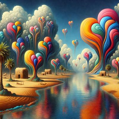 The primary subject of the image is a painting featuring a colorful landscape with a river, palm trees, and a village. The setting is a desert-like environment with a sandy riverbed. The visual style is a digital art or illustration, creating a vibrant and lively atmosphere. The dominant colors include shades of blue, green, and orange, with the presence of pink and purple balancing the overall mood.